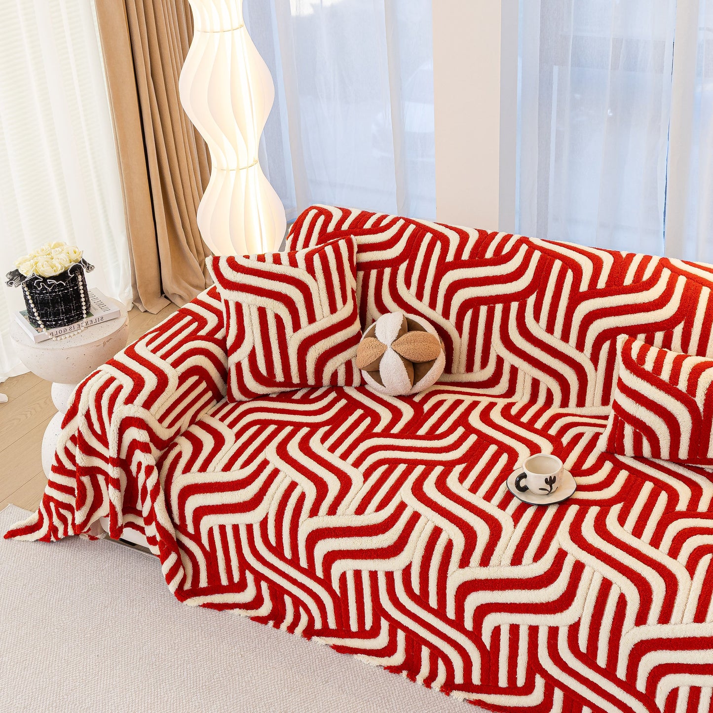 Plush Sherpa Sofa Throw Cover for Sectional, Jacquard Wave Throw Furniture Protector
