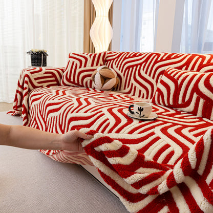 Plush Sherpa Sofa Throw Cover for Sectional, Jacquard Wave Throw Furniture Protector