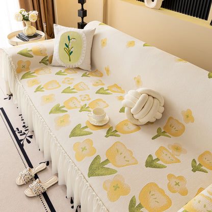 Ruffled Sweet Floral Sofa Cover with Skirt, Soft and Decorative Couch Throw Cover