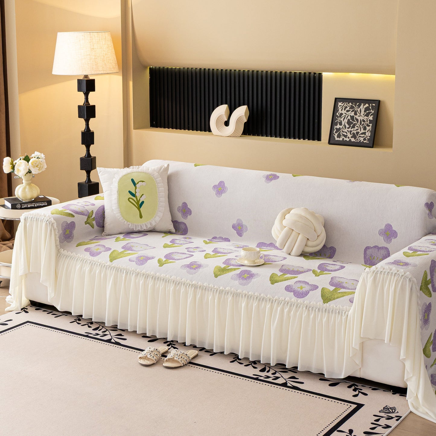 Ruffled Sweet Floral Sofa Cover with Skirt, Soft and Decorative Couch Throw Cover