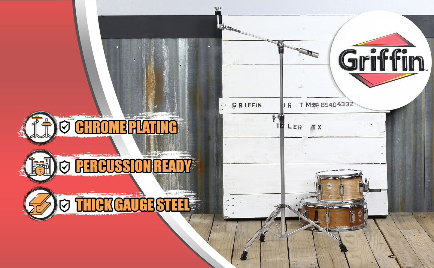 GRIFFIN Cymbal Boom Stand | Double Braced Drum Percussion Gear Hardware Set | Adjustable Height | Arm Holder With Counterweight Adapter for Mounting Heavy Duty Weight Crash &Ride Cymbals For Drummers