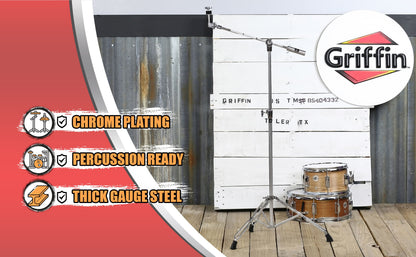 GRIFFIN Cymbal Boom Stand | Double Braced Drum Percussion Gear Hardware Set | Adjustable Height | Arm Holder With Counterweight Adapter for Mounting Heavy Duty Weight Crash &Ride Cymbals For Drummers