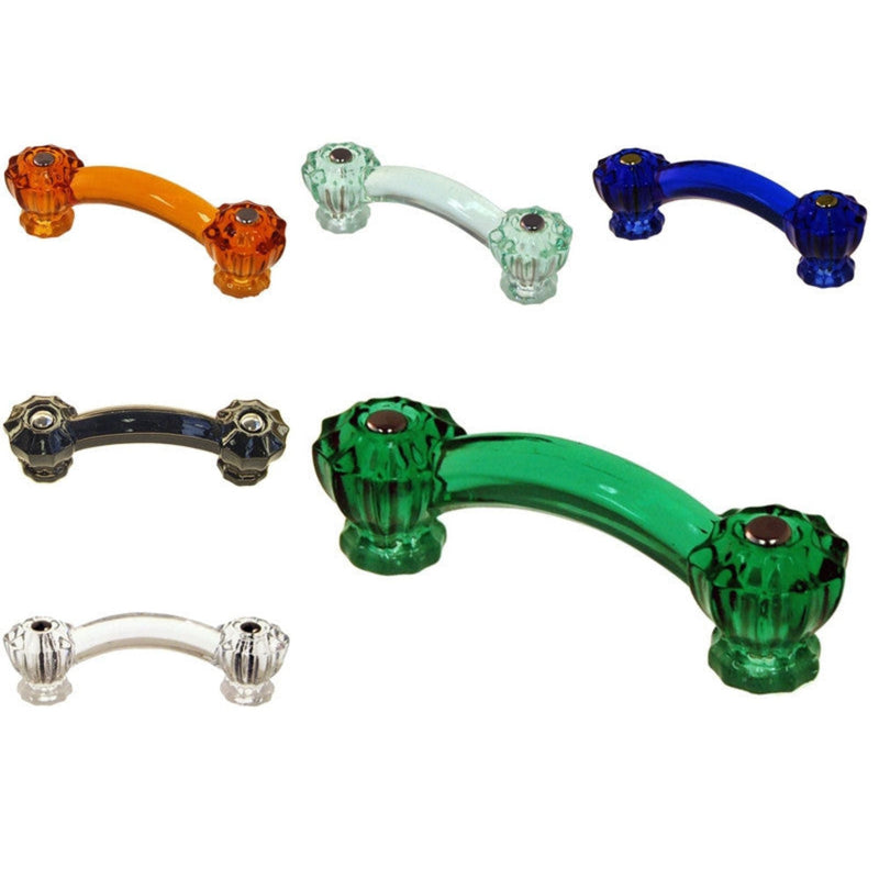Colored Glass Cabinet/Drawer Handle Fluted Design with Brass or Nickel Machine Bolts Clear and 5 Vibrant Colors