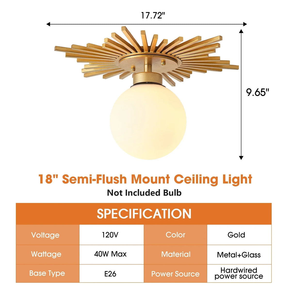 18 Inch Iris 1-Light Golden Semi-Flush Mount Ceiling Light, view 7