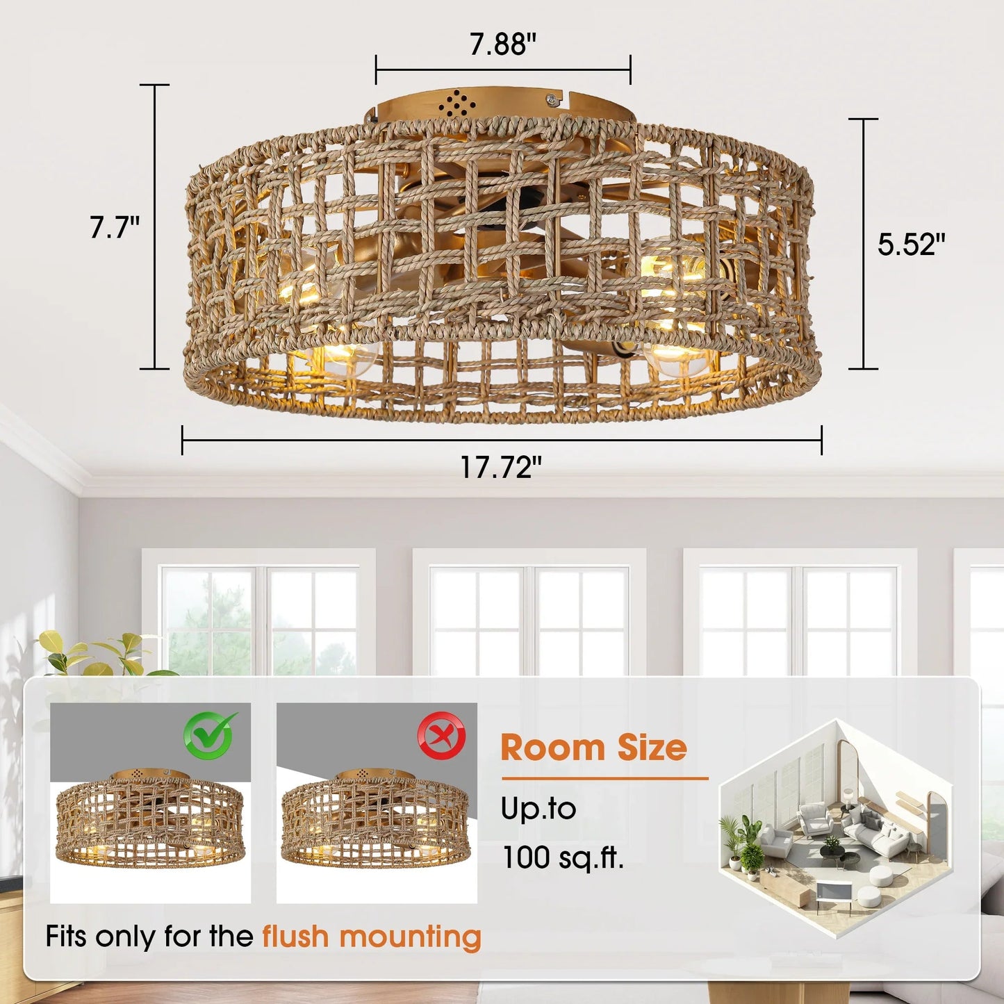 18 Inch Vintage Gold Farmhouse Rattan Flush Mount Ceiling Fan with Light APP and Remote Control