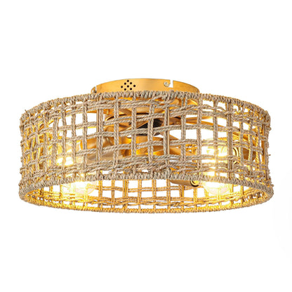 18 Inch Vintage Gold Farmhouse Rattan Flush Mount Ceiling Fan with Light APP and Remote Control
