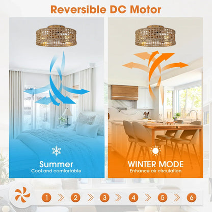 18 Inch Vintage Gold Farmhouse Rattan Flush Mount Ceiling Fan with Light APP and Remote Control