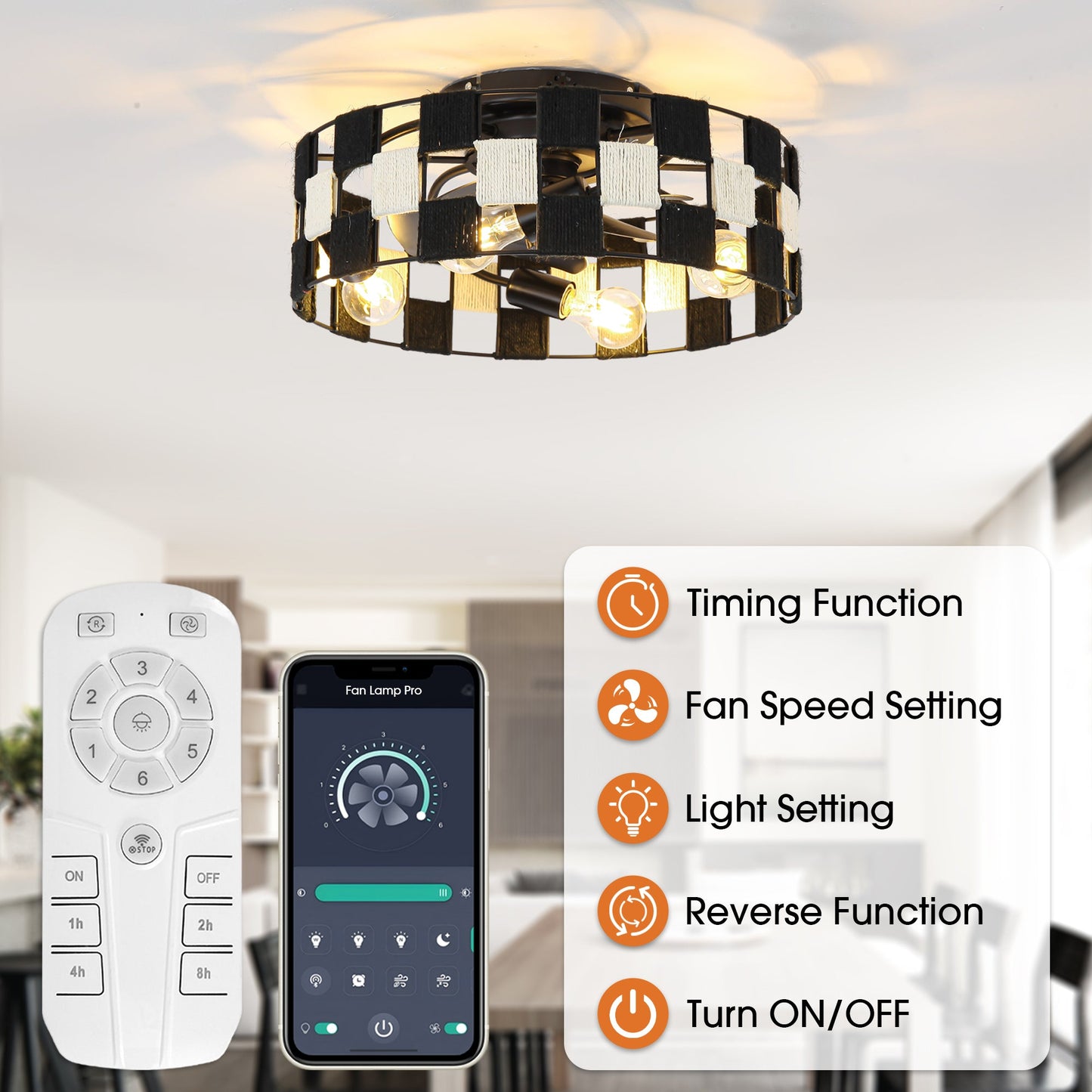 18 Inch Black Industrial Flush Mount Ceiling Fan with Light APP and Remote Control
