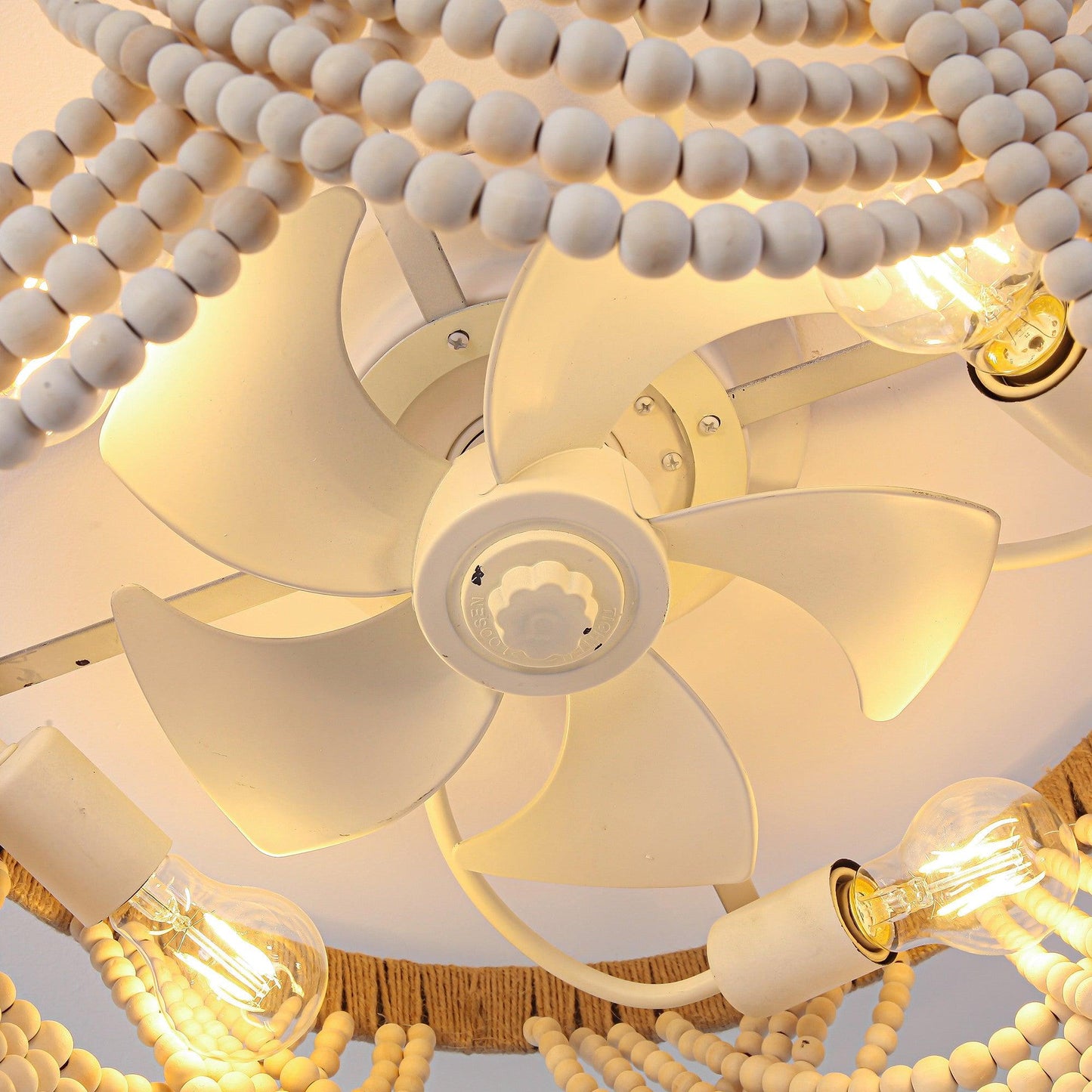20 Inch White Farmhouse Handmade Wooden Beads Flush Mount Ceiling Fan with APP Remote Control and Lighting