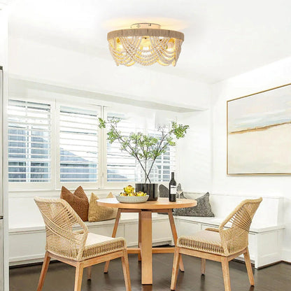 20 Inch White Farmhouse Handmade Wooden Beads Flush Mount Ceiling Fan with APP Remote Control and Lighting