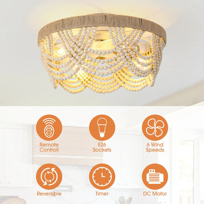 20 Inch White Farmhouse Handmade Wooden Beads Flush Mount Ceiling Fan with APP Remote Control and Lighting