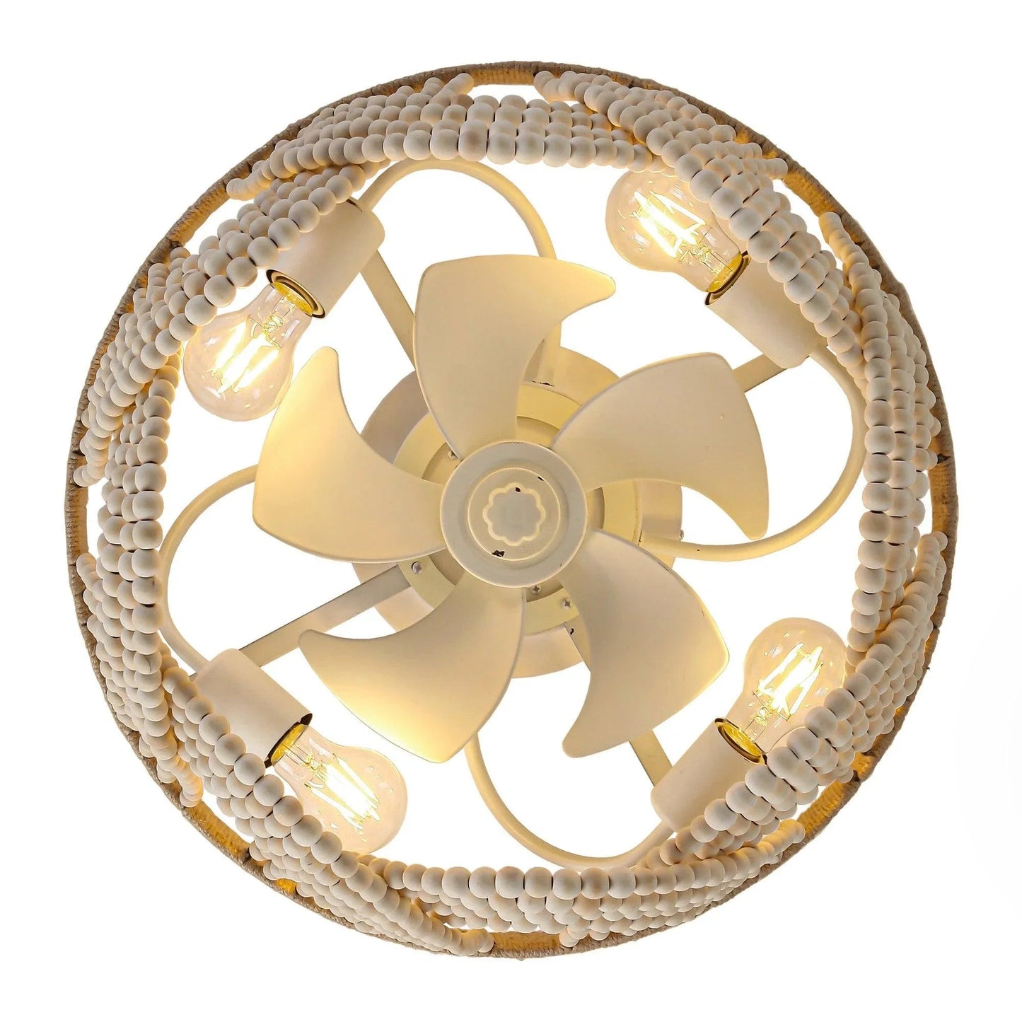 20 Inch White Farmhouse Handmade Wooden Beads Flush Mount Ceiling Fan with APP Remote Control and Lighting