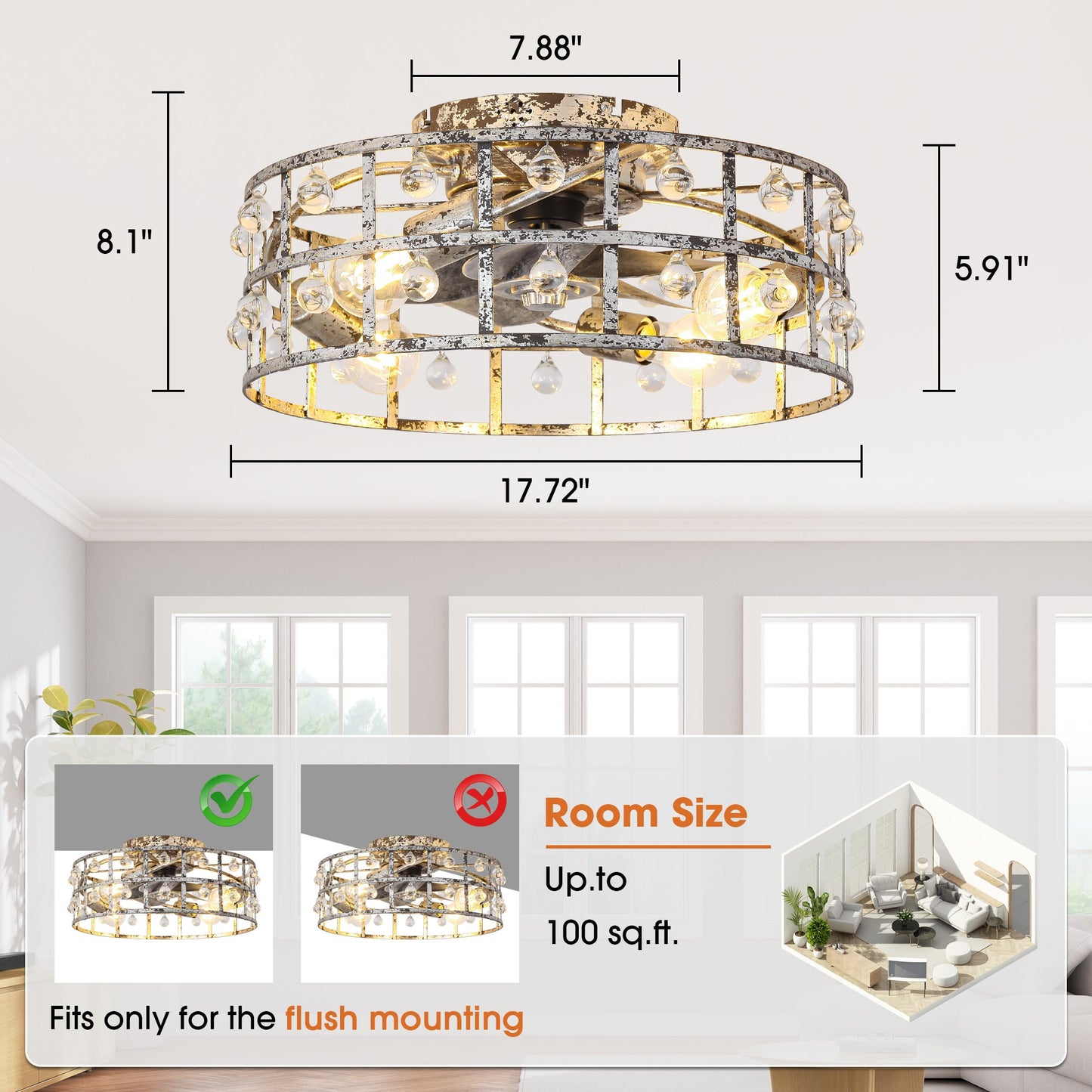 18 Inch Retro Silver Crystal Flush Mount Ceiling Fan with APP Remote Control and Lighting