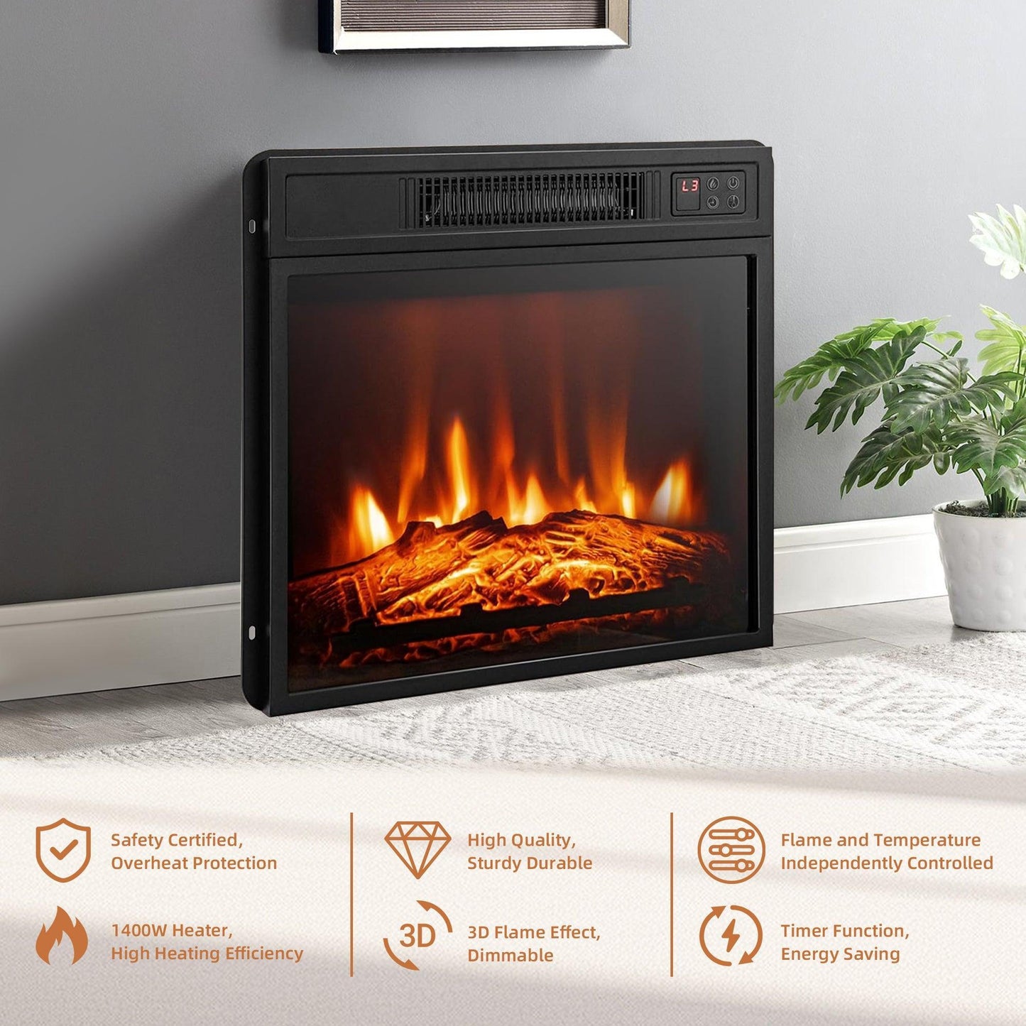 45" Corner Electric Fireplace TV Stands Console Table Insert 18" Electric Fireplace with 2 Metal Mesh Doors