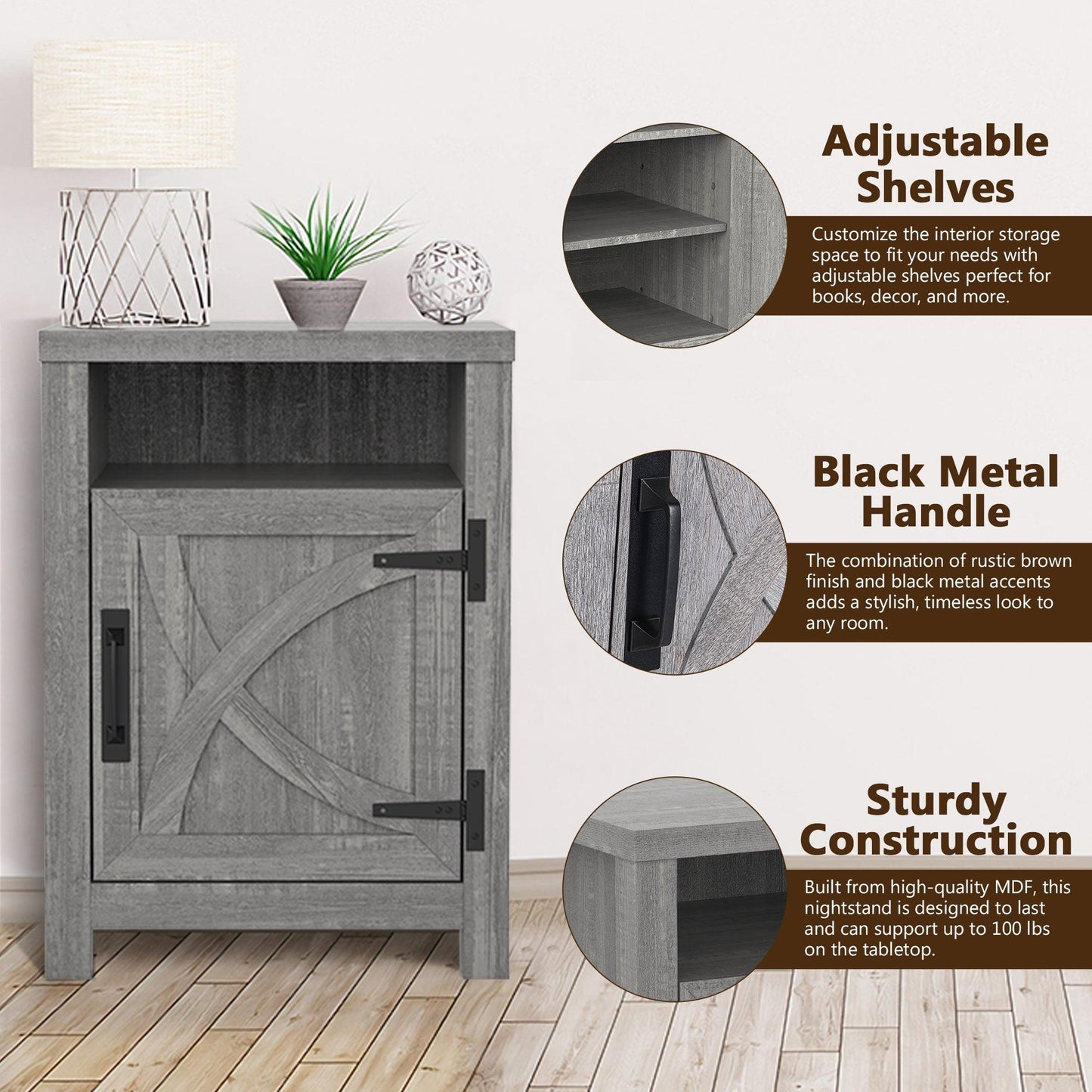 18" Solid Wood Farmhouse Nightstand for Bedroom in Brown or Grey or White