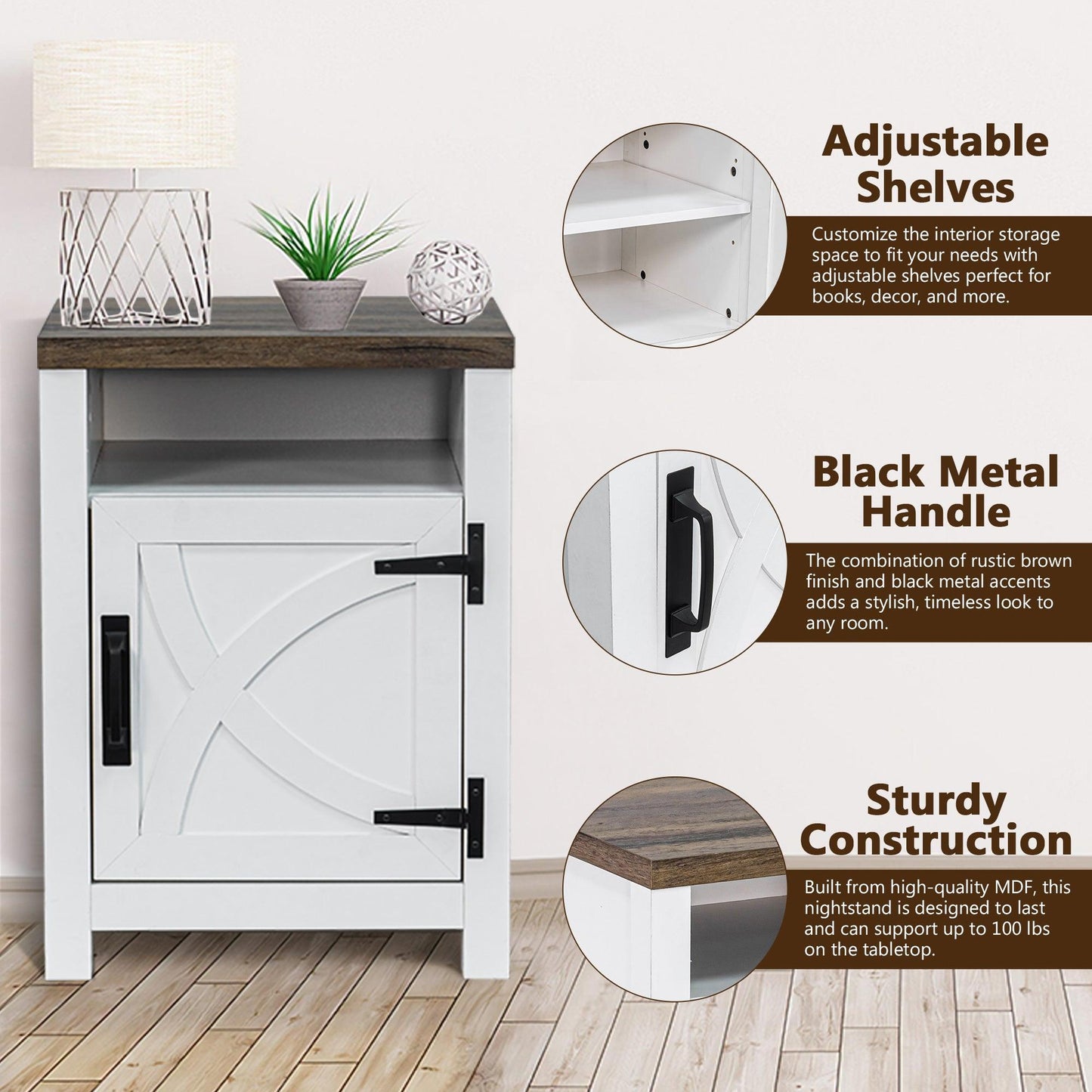18" Solid Wood Farmhouse Nightstand for Bedroom in Brown or Grey or White