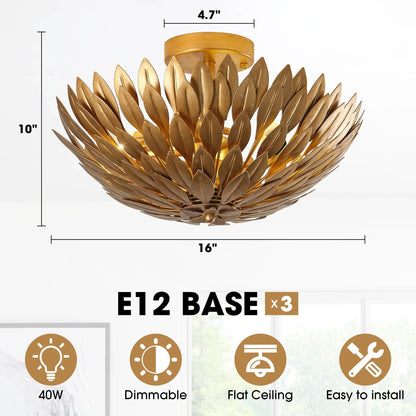 16 Inch 3-Light Farmhouse Golden Semi-Flush Mount Ceiling Lighting