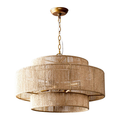 Bohemian Antique Gold 6-Light Drum Downrod Mount with Natural Rope Shade