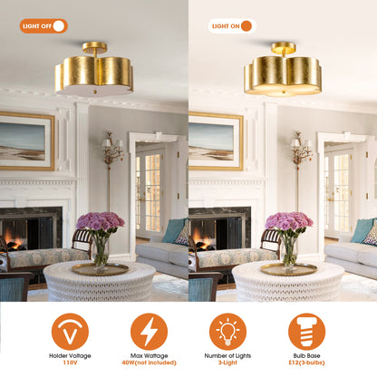 Golden Modern Semi Flush 3-Light Ceiling Lighting