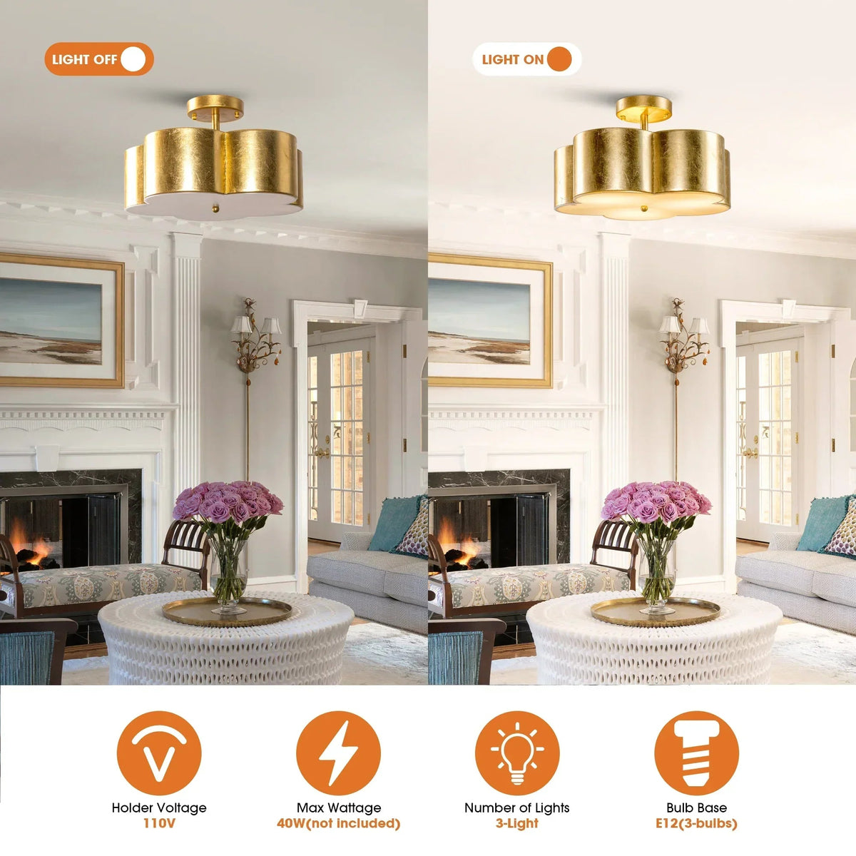 Golden Modern Semi Flush 3-Light Ceiling Lighting, view 4