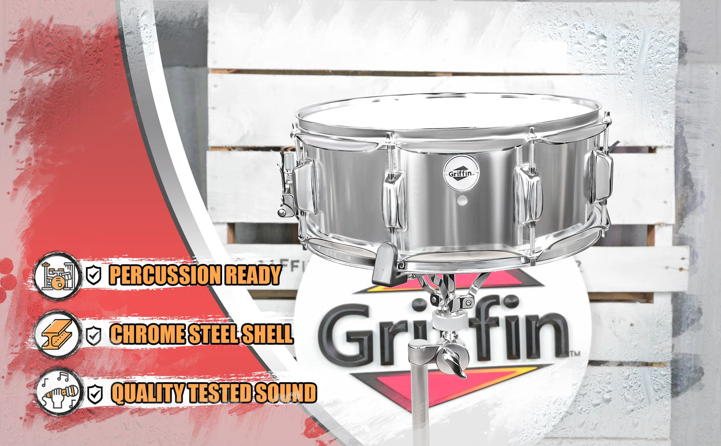 Metal Snare Drum by GRIFFIN - 14" x 5.5" inch Steel Chrome Shell - 8 Tuning Lugs & Snare Throw Off Strainer Set - Musical Instrument Kit & Drummer Key