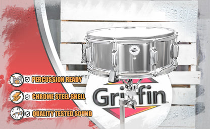 Metal Snare Drum by GRIFFIN - 14" x 5.5" inch Steel Chrome Shell - 8 Tuning Lugs & Snare Throw Off Strainer Set - Musical Instrument Kit & Drummer Key