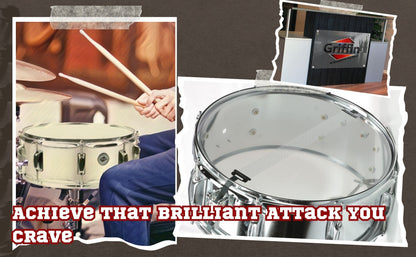 Metal Snare Drum by GRIFFIN | 14" x 5.5" inch Steel Chrome Shell | 8 Tuning Lugs & Snare Throw Off Strainer Set | Musical Instrument Kit & Drummers Key | Marching Percussion Hardware & Drum White Head