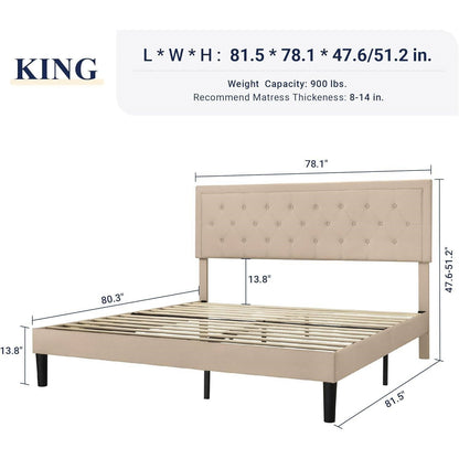 King size Beige Linen Platform Bed Frame with Button Tufted Headboard