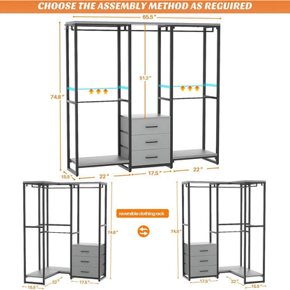 Heavy Duty Black Grey Freestanding Garment Rack Closet Wardrobe with 3 Drawers