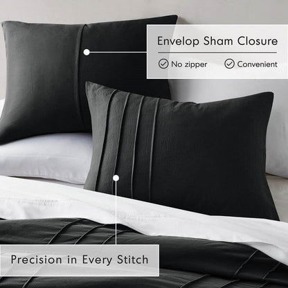 King size Pre-Washed Pleated Microfiber Comforter Set in Black