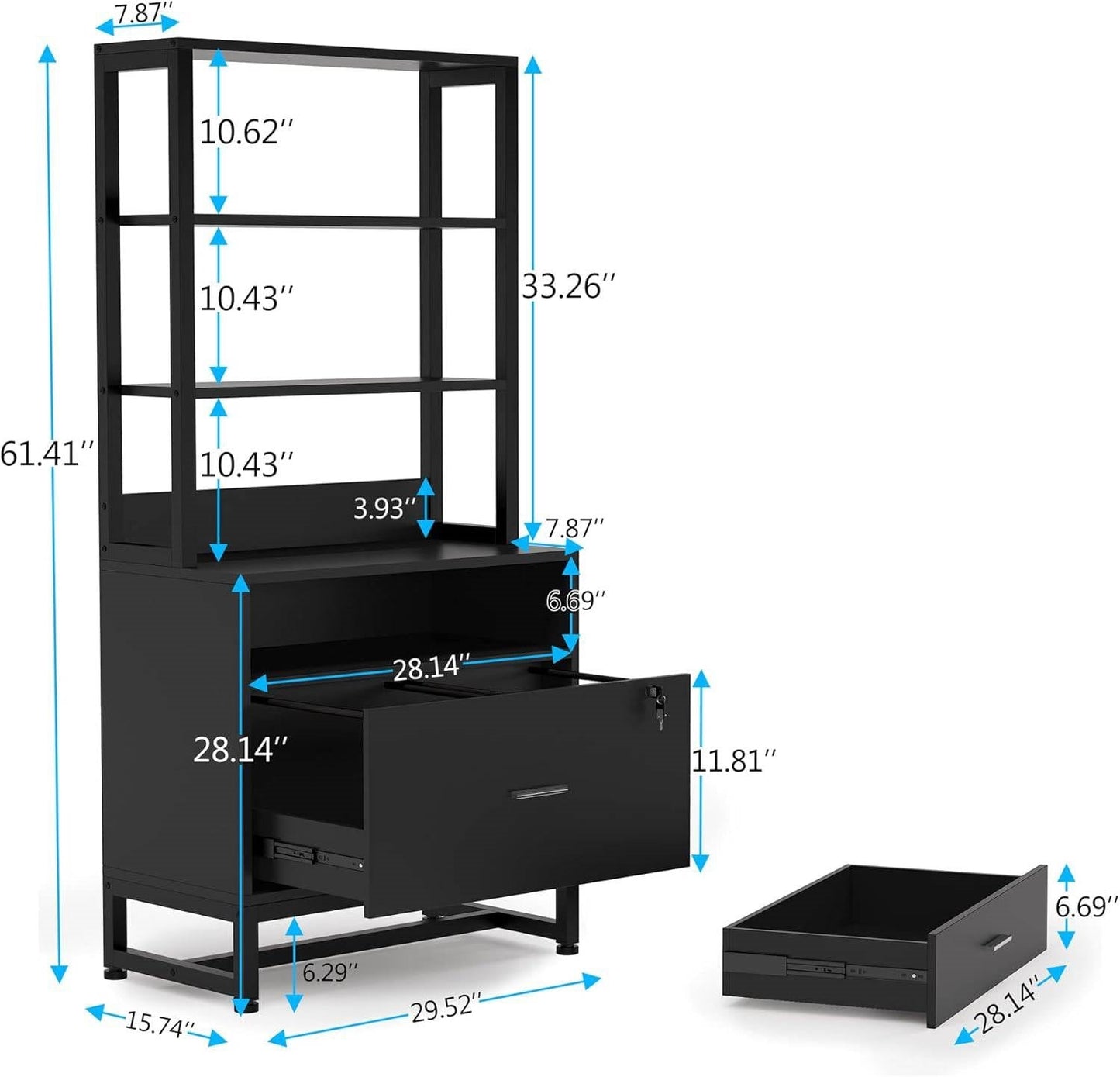 Home Office Lockable 2 Drawer Filing Cabinet Bookshelf in Black Wood Finish