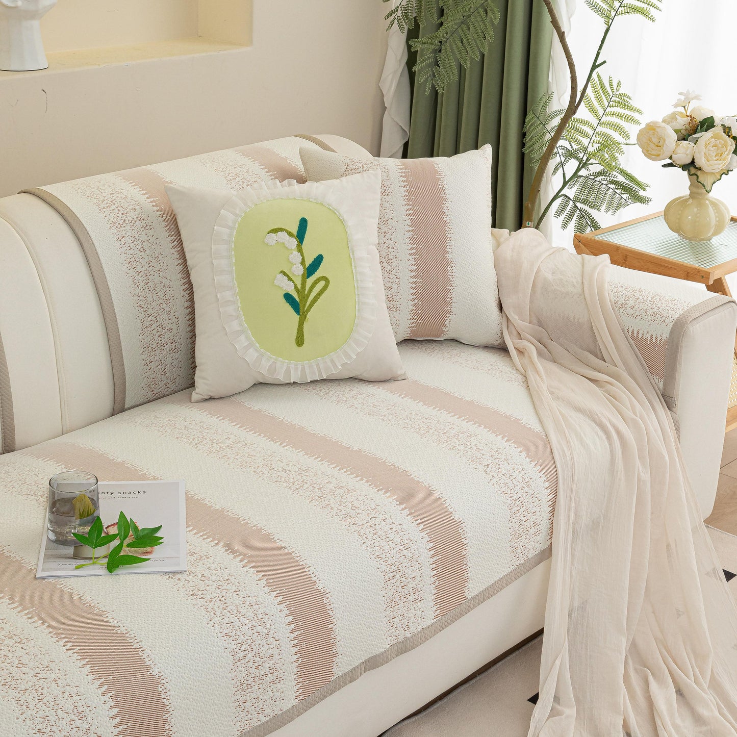 Striped Non-Slip Cooling Couch Cover, Summer Couch Pads for Seat Back Armrest