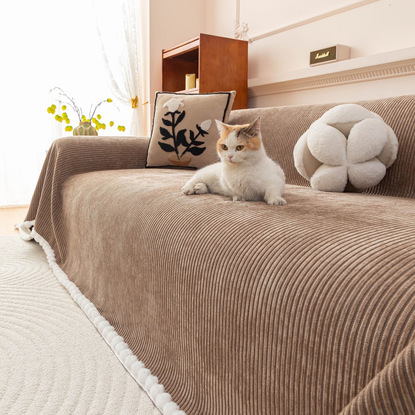 Textured Striped Cozy Couch Cover Throw Blanket with Pom Pom Trim for Sectional Sofa