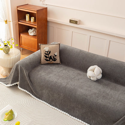 Textured Striped Cozy Couch Cover Throw Blanket with Pom Pom Trim for Sectional Sofa