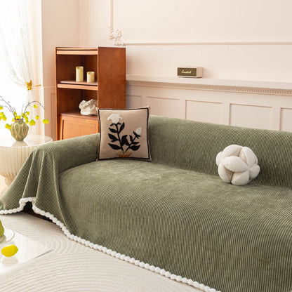 Textured Striped Cozy Couch Cover Throw Blanket with Pom Pom Trim for Sectional Sofa