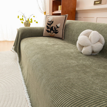 Textured Striped Cozy Couch Cover Throw Blanket with Pom Pom Trim for Sectional Sofa