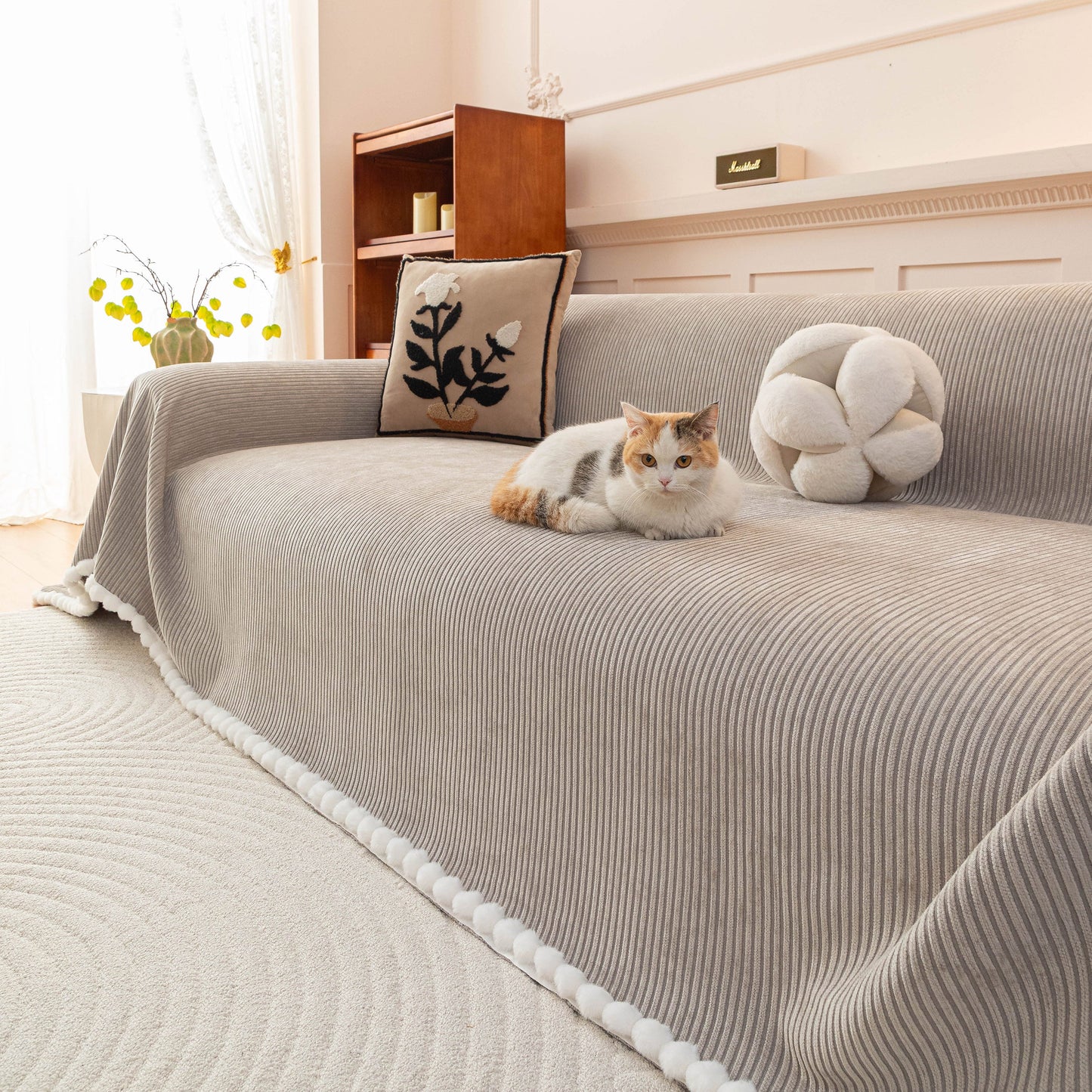 Textured Striped Cozy Couch Cover Throw Blanket with Pom Pom Trim for Sectional Sofa