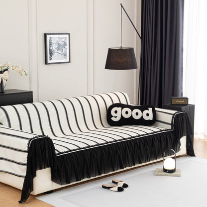 Leaf Stripe Sofa Cover with Black Sheer Skirt, Boho Soft Couch Slipcover for Pets