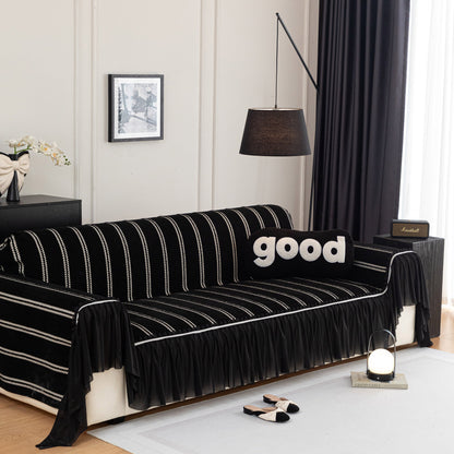 Leaf Stripe Sofa Cover with Black Sheer Skirt, Boho Soft Couch Slipcover for Pets