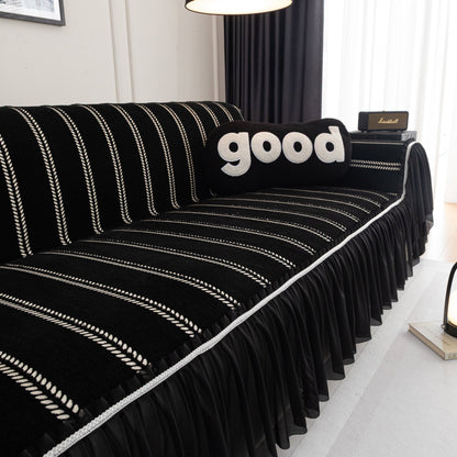 Leaf Stripe Sofa Cover with Black Sheer Skirt, Boho Soft Couch Slipcover for Pets