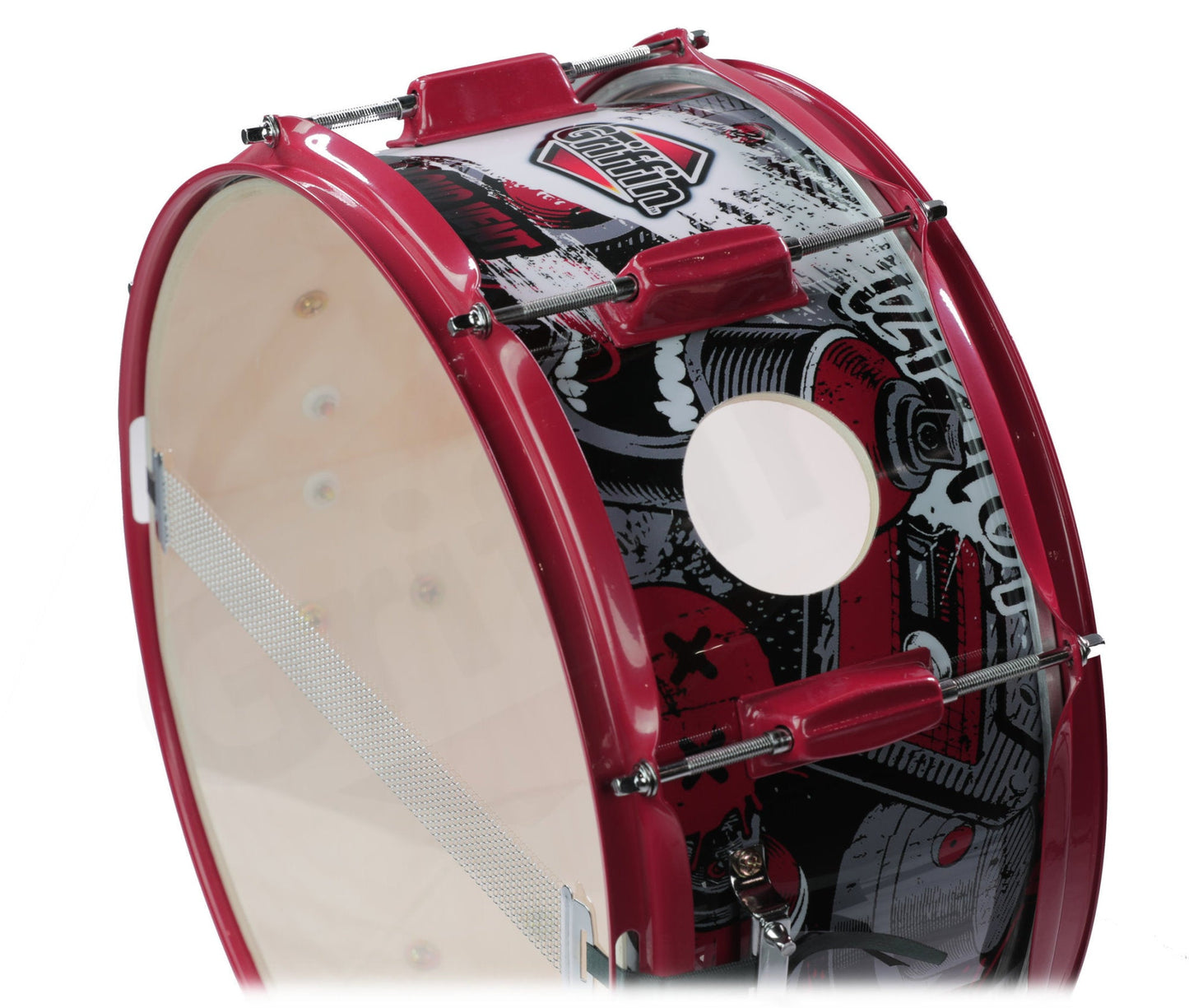 GRIFFIN Snare Drum Birch Wood Shell 14 X 6.5 Inch - Oversize 2.5" Large Vents & Custom Graphic Wrap (Limited Edition) - Red Hardware, 8 Tuning Lugs
