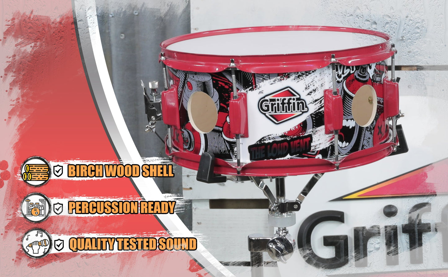 GRIFFIN Snare Drum Birch Wood Shell 14 X 6.5 Inch - Oversize 2.5" Large Vents & Custom Graphic Wrap (Limited Edition) - Red Hardware, 8 Tuning Lugs