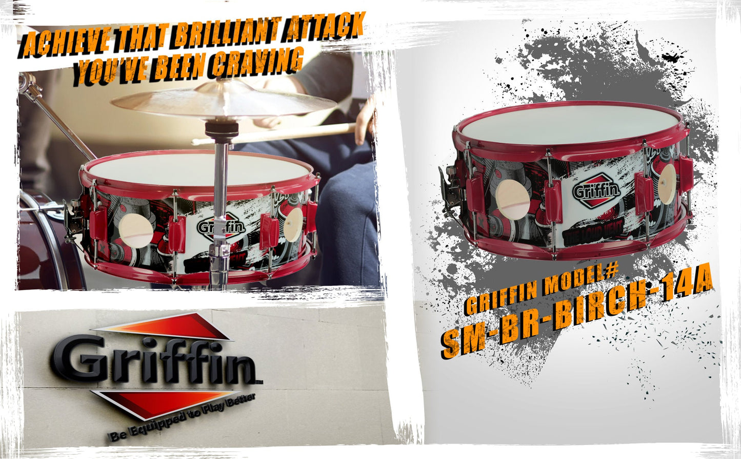 GRIFFIN Snare Drum Birch Wood Shell 14 X 6.5 Inch - Oversize 2.5" Large Vents & Custom Graphic Wrap (Limited Edition) - Red Hardware, 8 Tuning Lugs