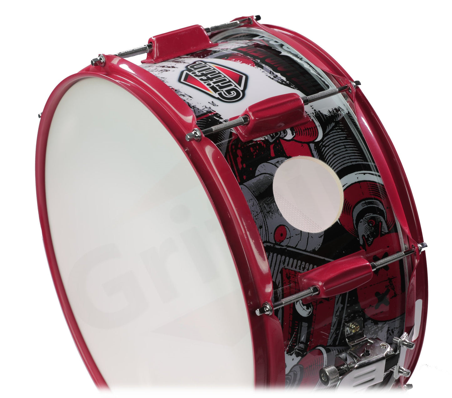 GRIFFIN Snare Drum Birch Wood Shell 14 X 6.5 Inch - Oversize 2.5" Large Vents & Custom Graphic Wrap (Limited Edition) - Red Hardware, 8 Tuning Lugs
