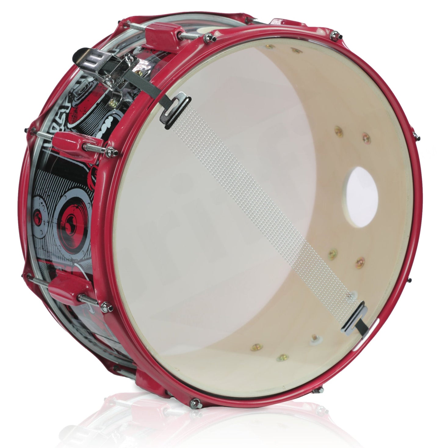 GRIFFIN Snare Drum Birch Wood Shell 14 X 6.5 Inch - Oversize 2.5" Large Vents & Custom Graphic Wrap (Limited Edition) - Red Hardware, 8 Tuning Lugs