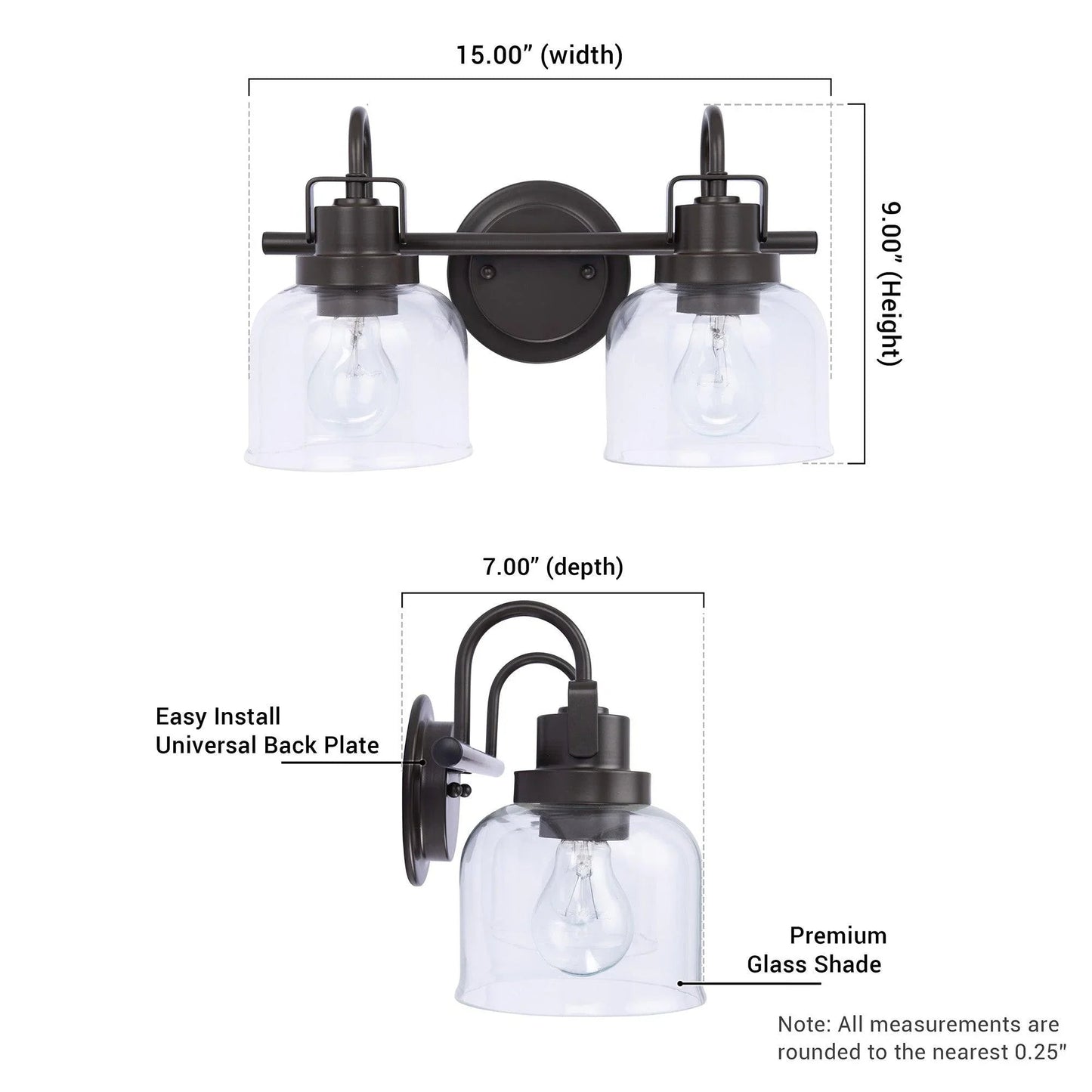 Brighton 2-Light Dark Bronze Dimmable Bathroom Vanity Light
