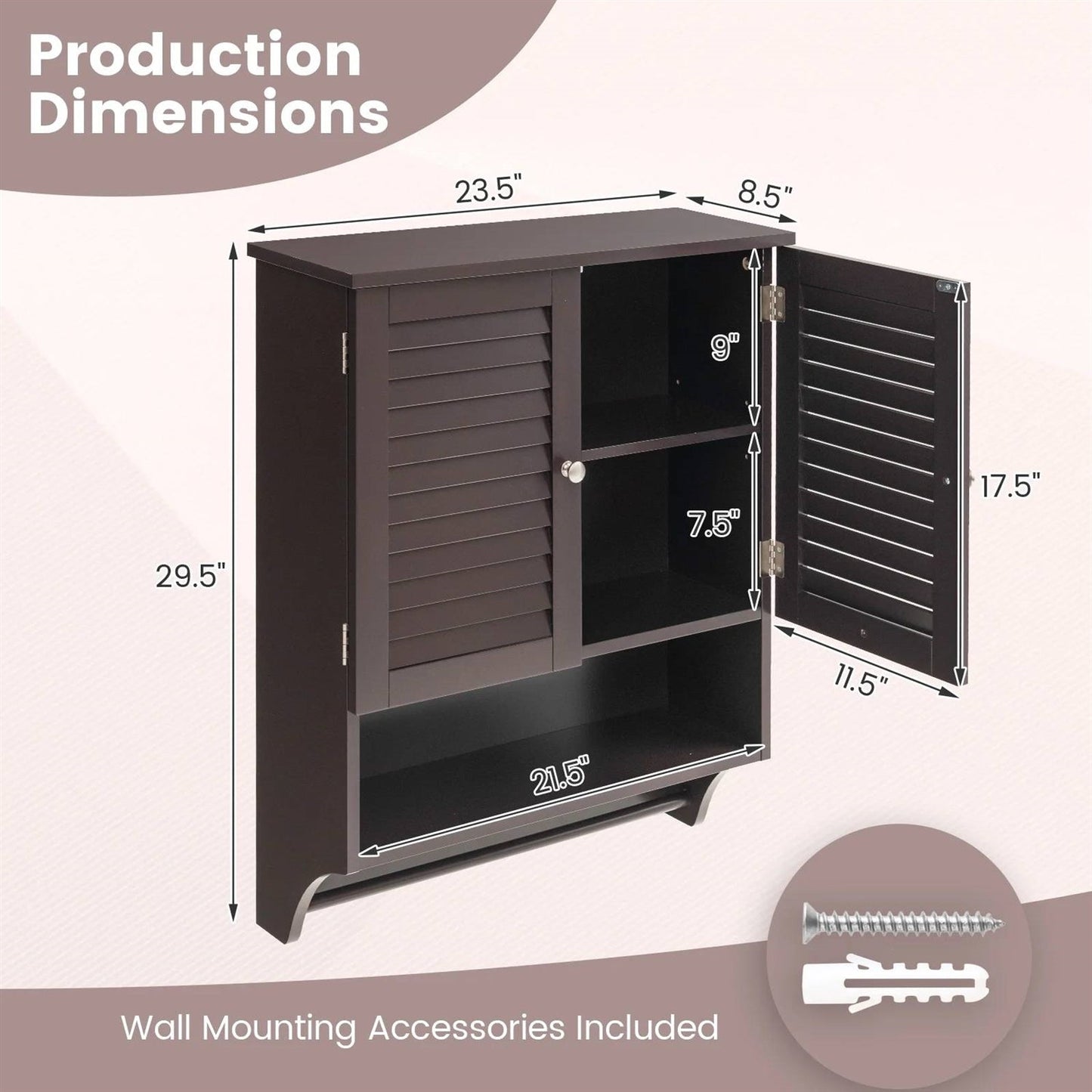 Brown Wall-Mounted Bathroom Medicine Cabinet with Louver Doors and Towel Bar