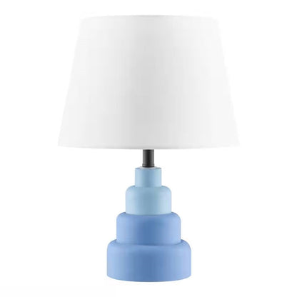 Small Blue Desk Light Table Lamp with White Fabric Shade for Bedside Nightstand