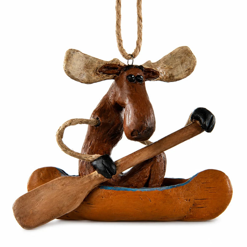 Moose In A Canoe Ornament | Bert Anderson Collection, white front view