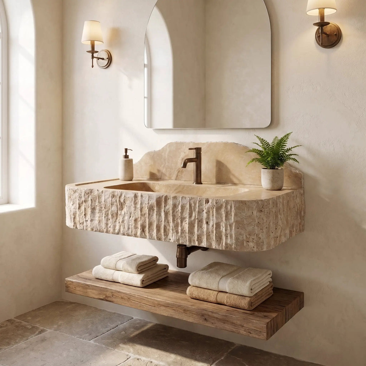 Beige Split-face Travertine Wall-Mount Vanity Sink 16x26 with backsplash